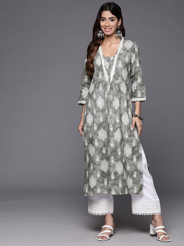 Varanga Women Grey Printed  V-Neck Lace Embellished Straight Kurta